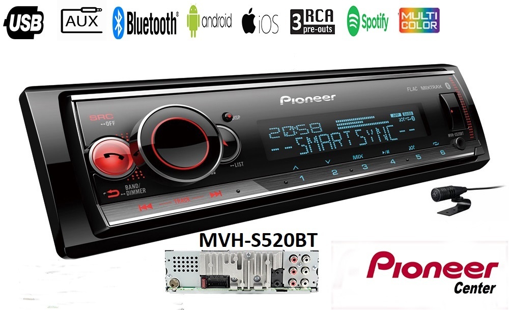 Pioneer MVH-S520BT, radio, bluetooth, usb, aux,  σχεδιασμένο για android & ios ( iphone ), 4x50w , 3 rca pre out , multi colour,